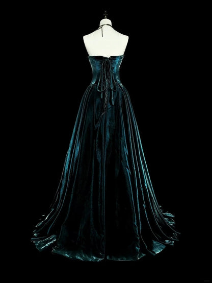 Robe de bal longue vintage années 70, coupe trapèze, bustier, en velours vert foncé avec appliques dorées, référence N1845