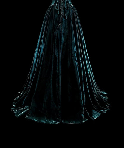 Robe de bal longue vintage années 70, coupe trapèze, bustier, en velours vert foncé avec appliques dorées, référence N1845