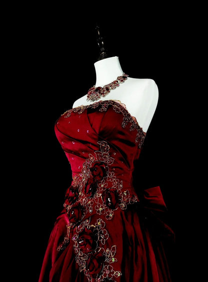 Robe de bal longue plissée sans manches, rouge bordeaux, coupe trapèze, années 1760, avec nœud papillon au dos (N1591)