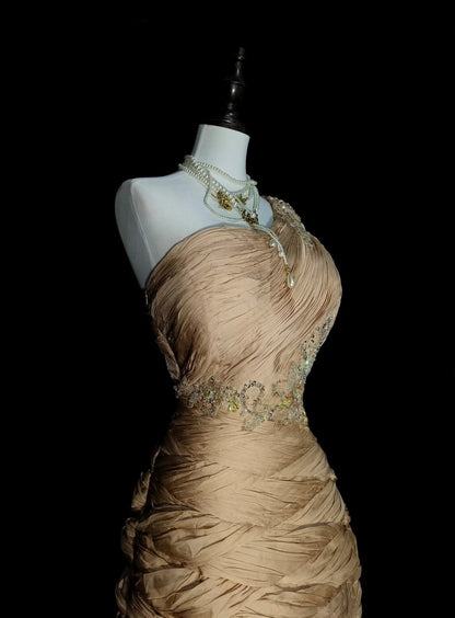 Vintage Meerjungfrauen-Abendkleid, schulterfrei, champagnerfarbener Tüll, plissiert, ärmellos, 80er-Jahre-Stil, langes formelles Partykleid N1474