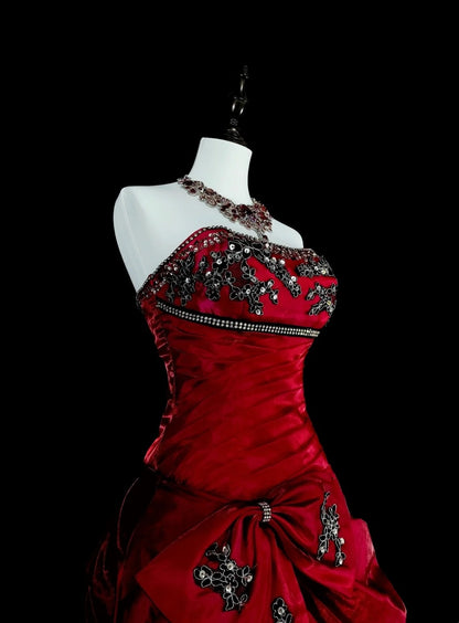 Robe de bal sirène rouge vintage sans bretelles avec perles, sans manches, années 80, longue robe de soirée formelle N1473