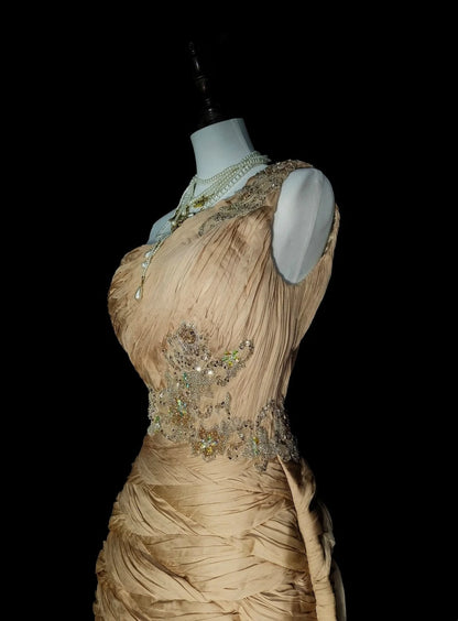 Vintage Meerjungfrauen-Abendkleid, schulterfrei, champagnerfarbener Tüll, plissiert, ärmellos, 80er-Jahre-Stil, langes formelles Partykleid N1474