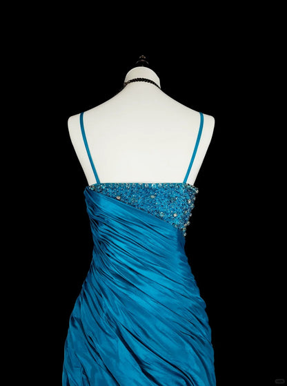 Robes de bal vintage sirène à fines bretelles bleues avec perles plissées années 1980 longue robe de soirée N2702