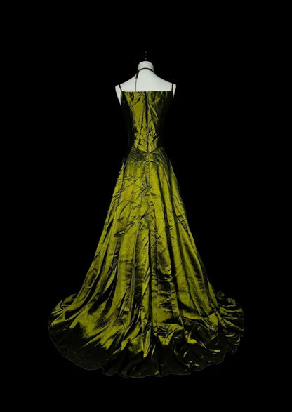 Robe de bal vintage à fines bretelles, vert olive, ornée de perles, sans manches, style années 80, longue robe de soirée formelle N1477