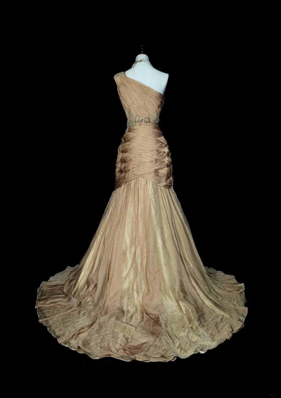 Vintage Meerjungfrauen-Abendkleid, schulterfrei, champagnerfarbener Tüll, plissiert, ärmellos, 80er-Jahre-Stil, langes formelles Partykleid N1474
