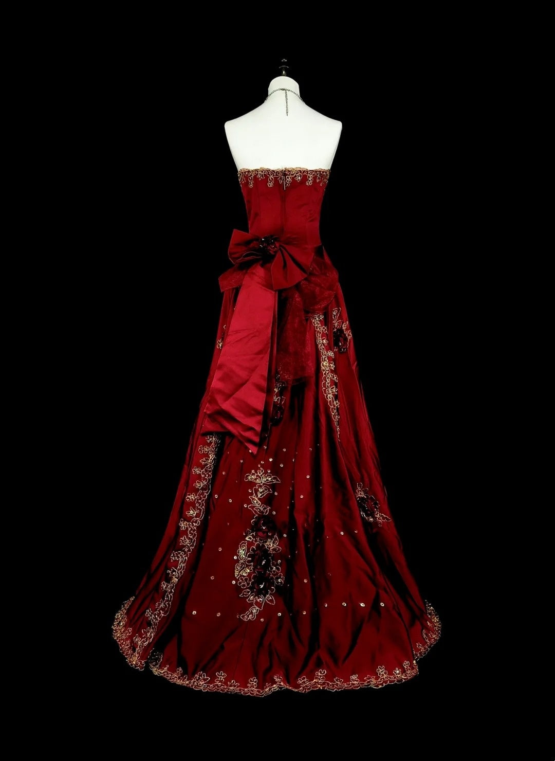 Robe de bal longue plissée sans manches, rouge bordeaux, coupe trapèze, années 1760, avec nœud papillon au dos (N1591)