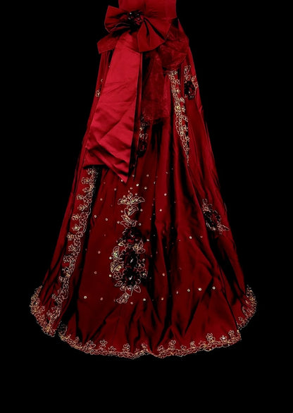 Robe de bal longue plissée sans manches, rouge bordeaux, coupe trapèze, années 1760, avec nœud papillon au dos (N1591)