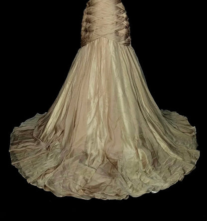 Vintage Meerjungfrauen-Abendkleid, schulterfrei, champagnerfarbener Tüll, plissiert, ärmellos, 80er-Jahre-Stil, langes formelles Partykleid N1474