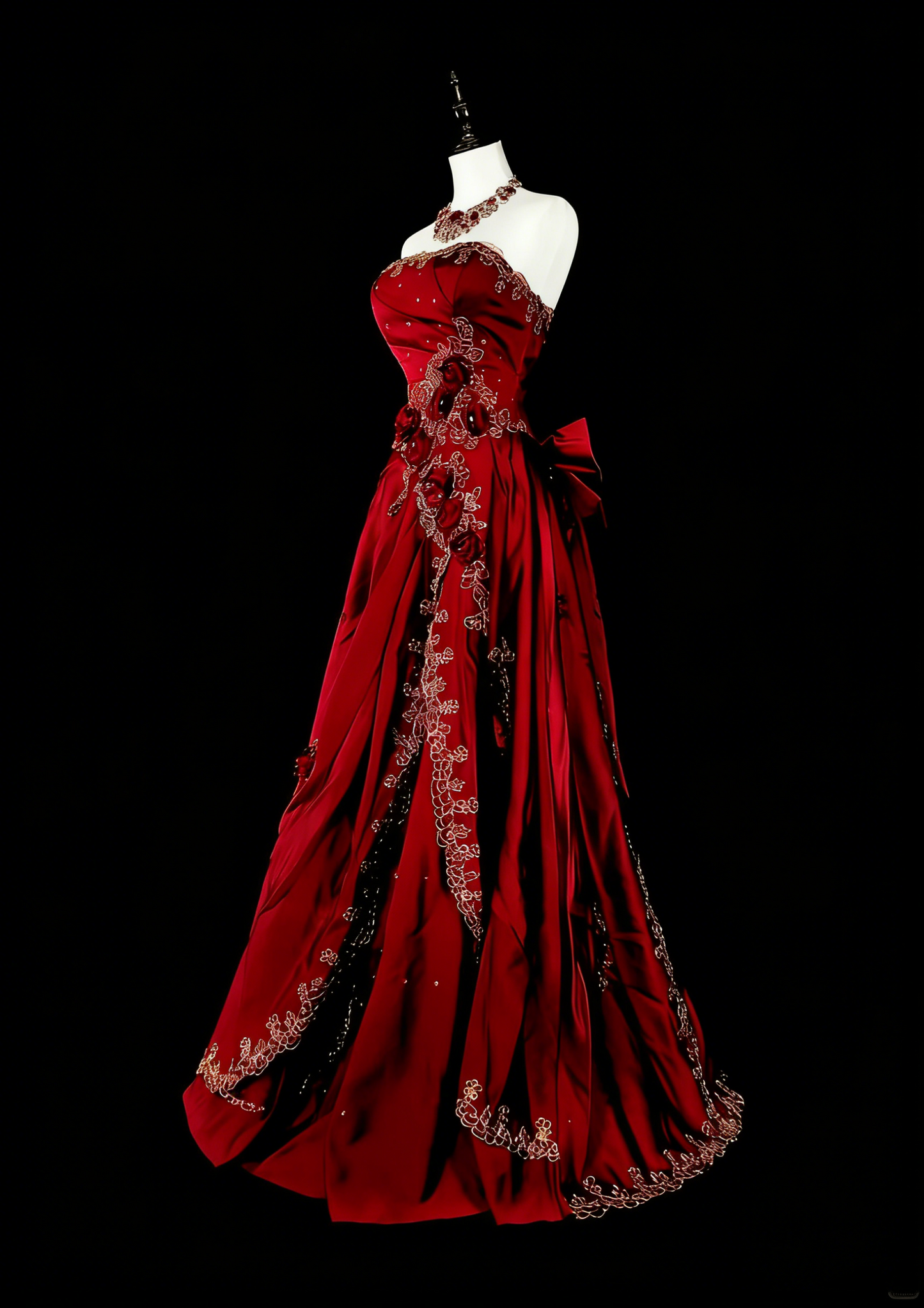 Robe de bal longue plissée sans manches, rouge bordeaux, coupe trapèze, années 1760, avec nœud papillon au dos (N1591)