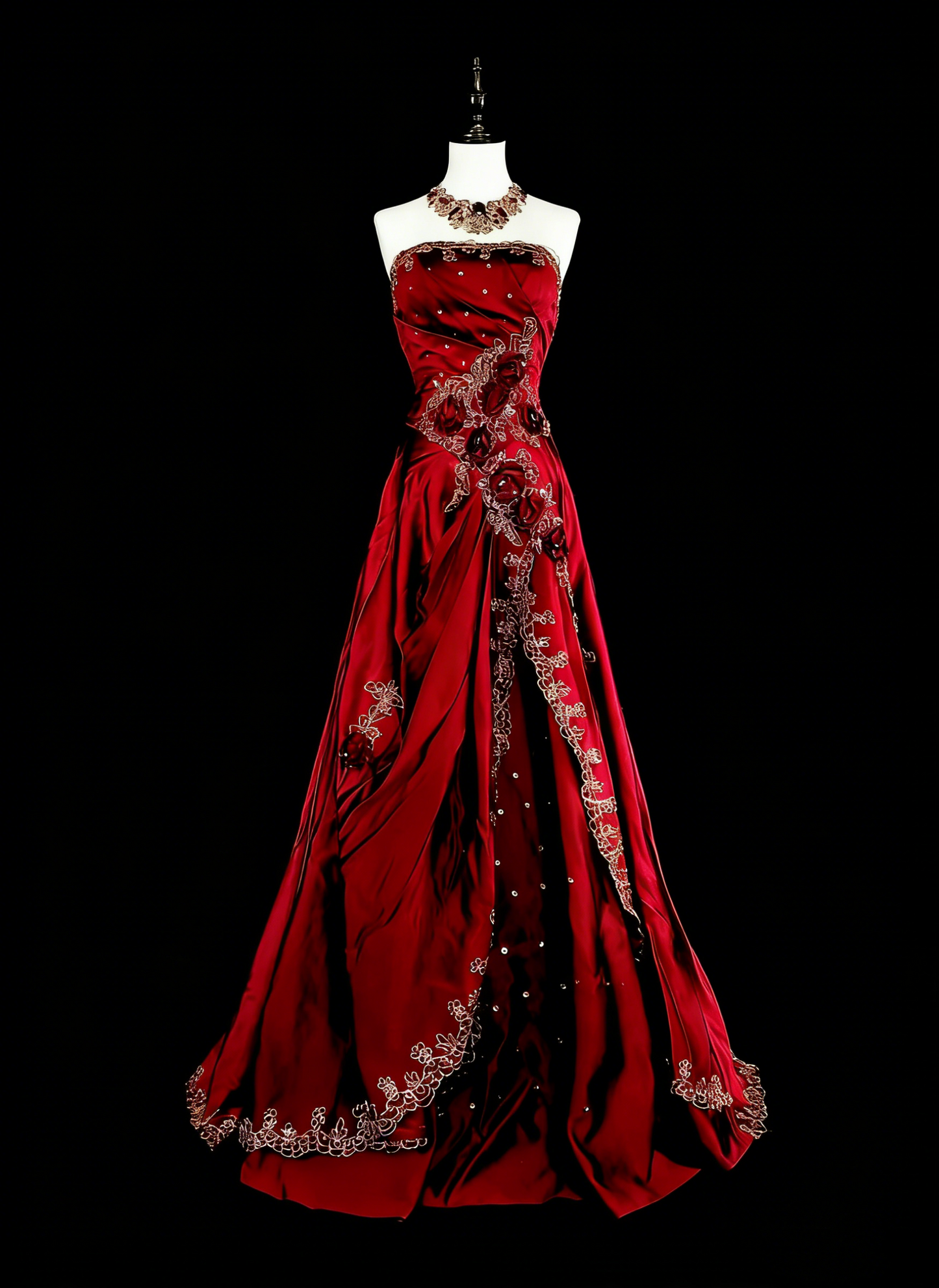 Robe de bal longue plissée sans manches, rouge bordeaux, coupe trapèze, années 1760, avec nœud papillon au dos (N1591)