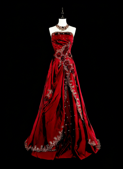 Robe de bal longue plissée sans manches, rouge bordeaux, coupe trapèze, années 1760, avec nœud papillon au dos (N1591)