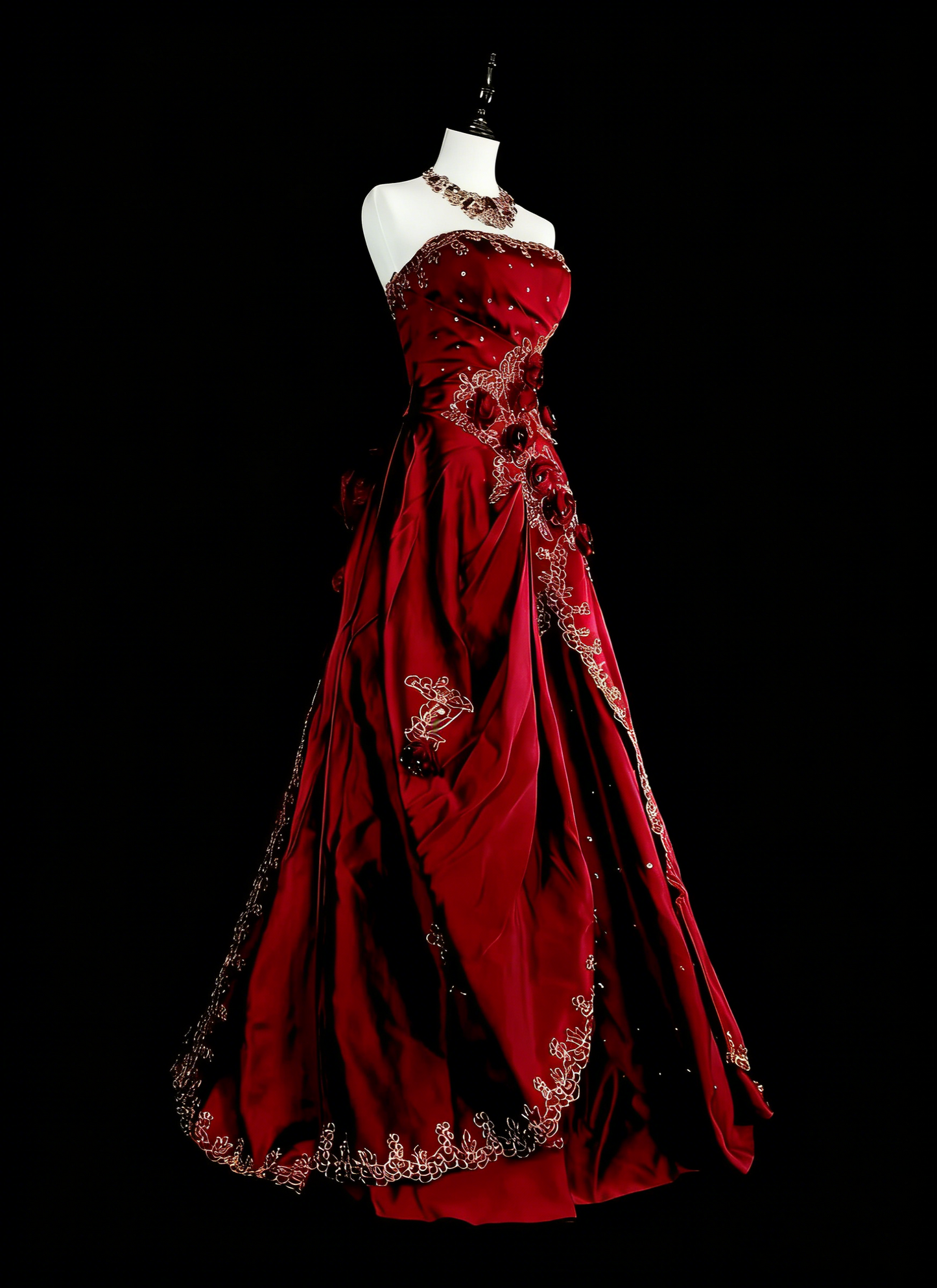 Robe de bal longue plissée sans manches, rouge bordeaux, coupe trapèze, années 1760, avec nœud papillon au dos (N1591)