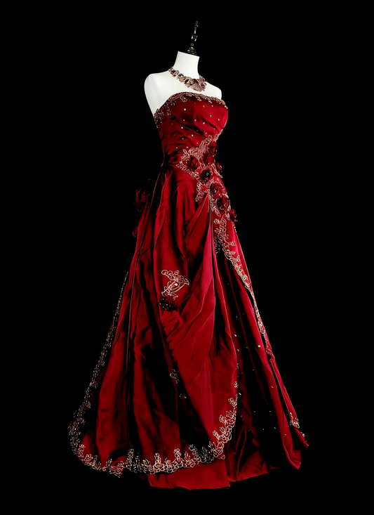 Vintage 1760s A Line Strapless Wine Red With Back Bow-knot Sleeveless Pleated Long Prom Dresses N1591