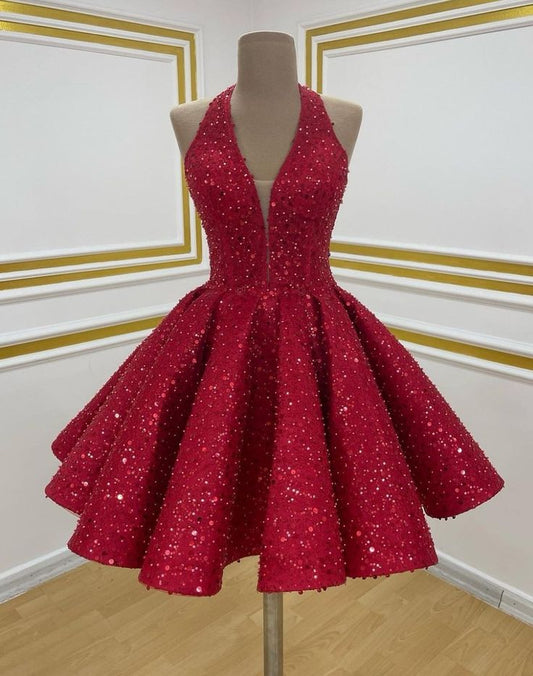 Classy Ball Gown Halter Red Sequin Short Homecoming Dresses Party Cocktail Hoco Outfits RB8772