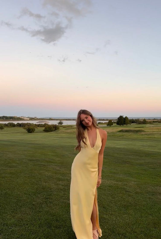 Robe longue sirène jaune à fente, style dos nu, idéale pour l'été et le printemps, parfaite pour un mariage ou un anniversaire (N1640)