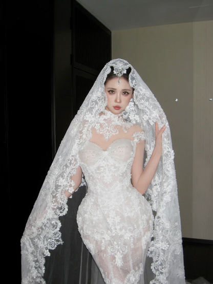 Robe de mariée princesse sirène col montant corsage en dentelle et tulle, style robe de mariée longue ajustée AB2405