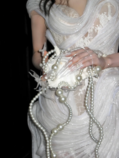 Robe de mariée princesse sirène asymétrique en dentelle et tulle blanc, robe de mariée longue et cintrée AB2408