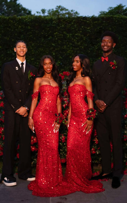 Chic Mermaid Off The Shoulder Red Beaded Sequin Prom Dresses Long Party Dress Prom Gowns DH2934