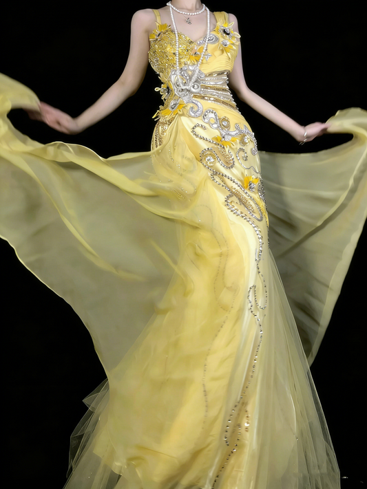 Modest Mermaid Sweetheart Yellow Chiffon With Beaded Bodice College Formal Outfit Long Prom Graduation Dresses For Teens N1191