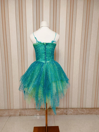 Mignonne robe de bal courte en tulle vert à fines bretelles pour cocktail ou bal de promo N4199