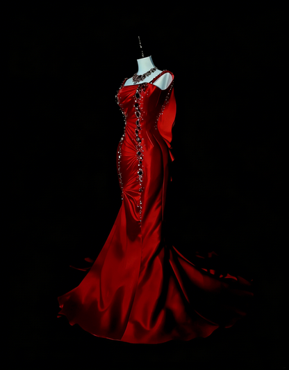 Robe de bal longue rouge vintage sirène à fines bretelles et perles, sans manches, style années 80, référence N1476