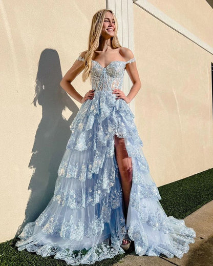 Light Blue Off The Shoulder Tulle Sequin Ruffle Tiered Long Gown with Slit Vestidos De Dia AB524