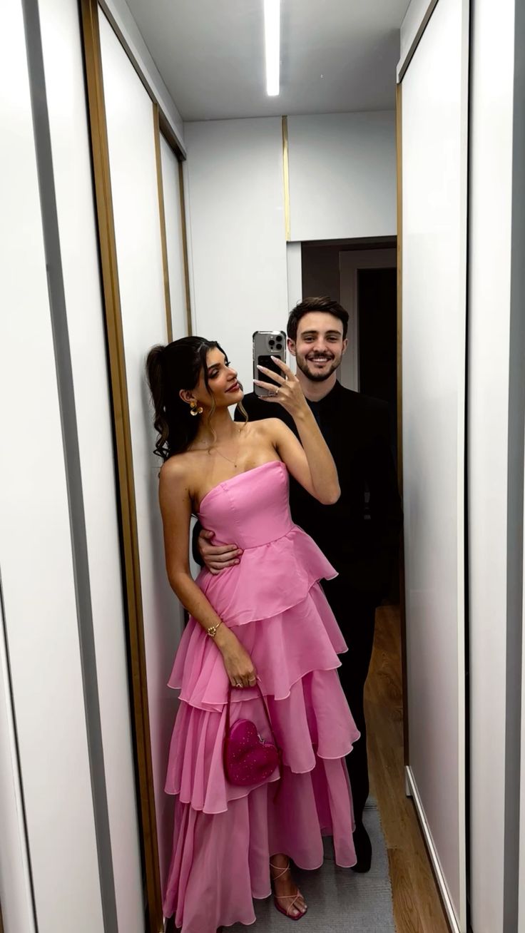 Sexy Ballkleid, trägerlos, pink, mehrlagig, langes Abendkleid, formelles Partykleid AB430