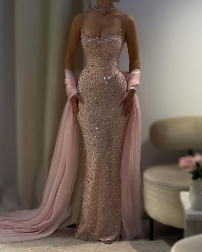 Sparkly Mermaid Strapless Sequin Champagne With Cape Evening Dresses Night Date Prom Dress Party Outfits AB2540