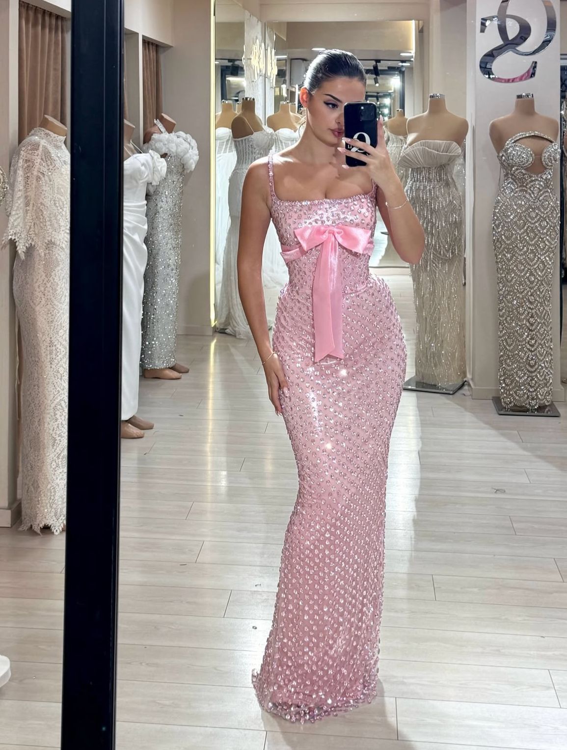 Neu eingetroffen: Elegantes, langes Partykleid in Pink mit Pailletten, Ballkleid, Meerjungfrauen-Stil, figurbetont für Damen N4079