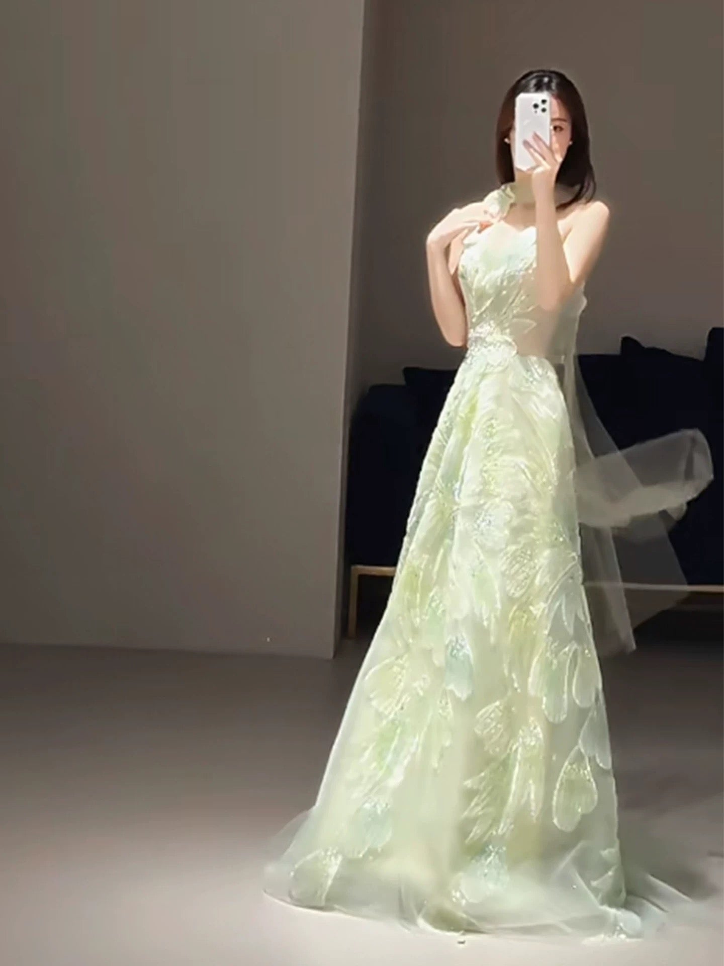 Princess Prom Dresses A line Strapless Green With Scarf Beading Evening Long Formal Dress N4296
