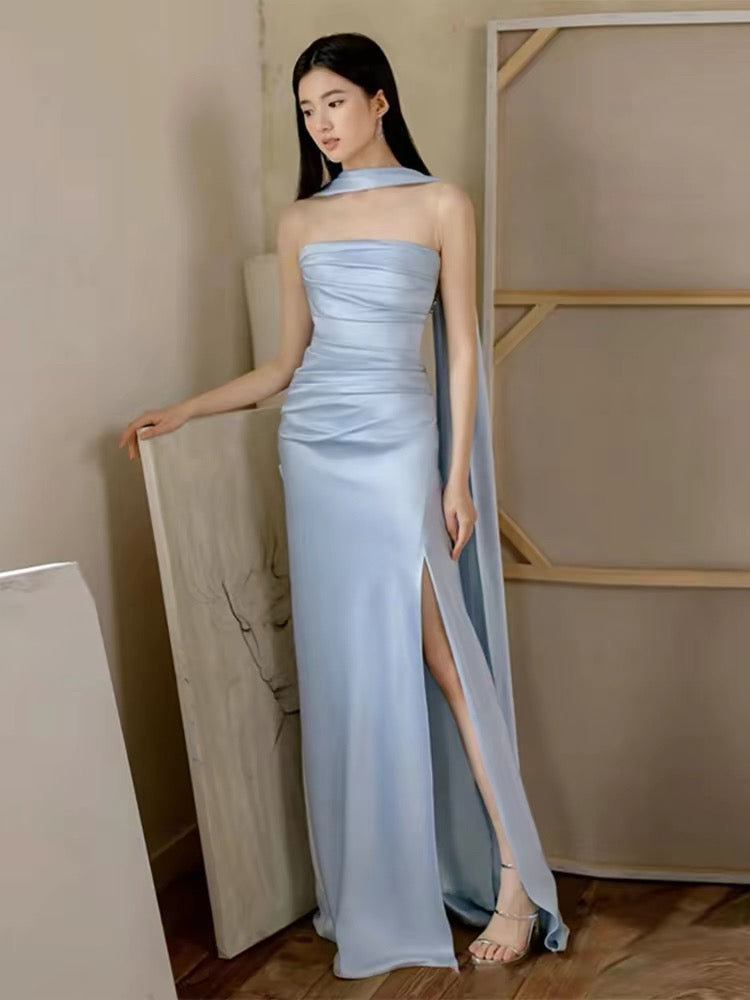 Simple Mermaid Strapless Blue Satin Long Beach Spring Summer Garden Inspiration Wedding Party Guest Dresses N2300