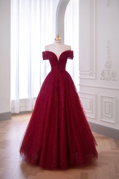 Glänzendes Ballkleid aus rotem Tüll mit Perlen, schulterfrei, für Damen, Partykleider, lange formelle Ballkleider, Kleid zum 22. Geburtstag AB1328