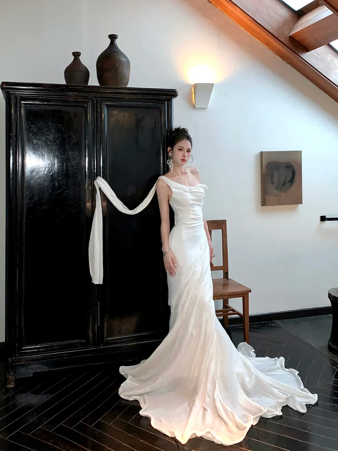 Simple Mermaid One Shoulder White Wedding Dress With Train Fairytale Brides Gown Wedding Dresses N064