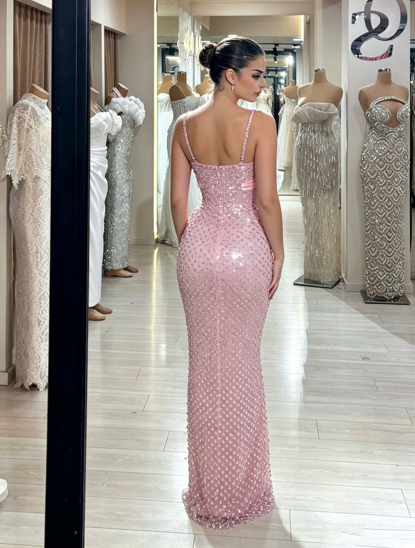 Neu eingetroffen: Elegantes, langes Partykleid in Pink mit Pailletten, Ballkleid, Meerjungfrauen-Stil, figurbetont für Damen N4079