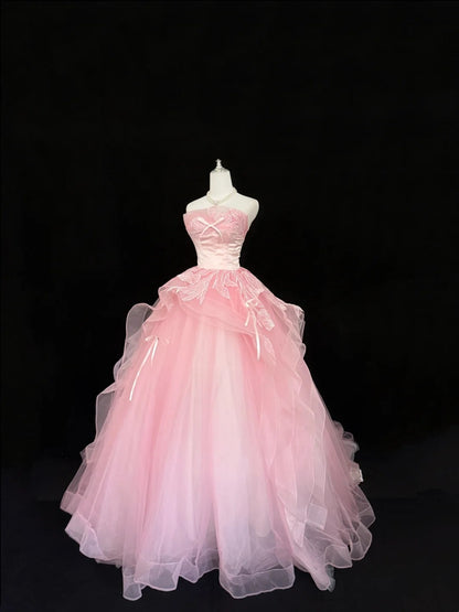 Langes Ballkleid für den 16. Geburtstag, trägerloses, mit Applikationen verziertes langes Abendkleid in Pink RC0301