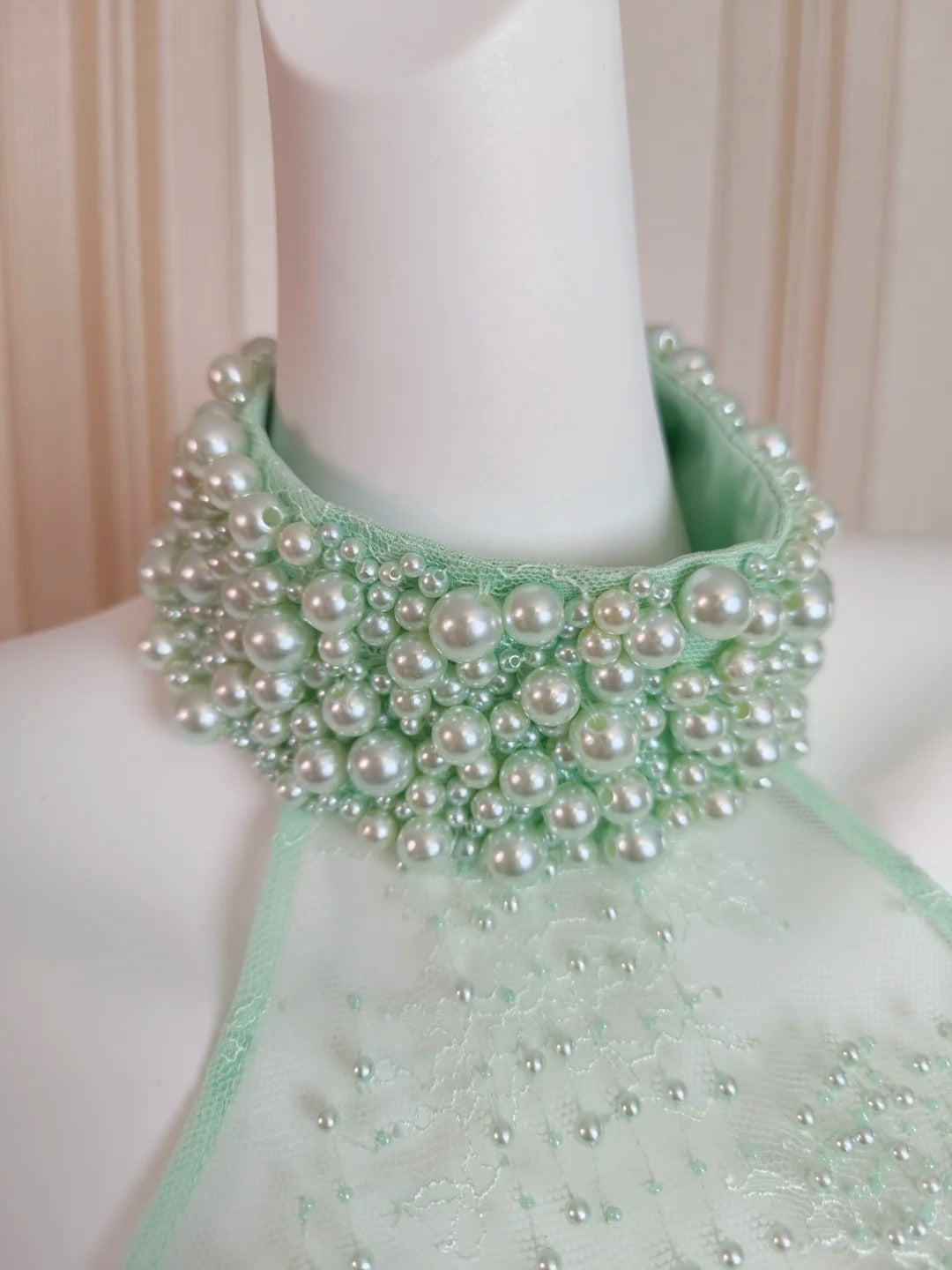 Modest Mermaid High Neck Mint Green Lace Evening Dresses Night Date Prom Dress N4483