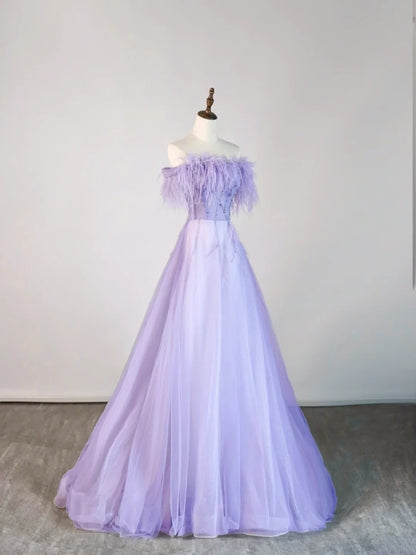 Robe de bal bustier en tulle lilas ornée de plumes, robe longue de soirée élégante et tendance pour le lycée, tenue de fête, robe de bal N678