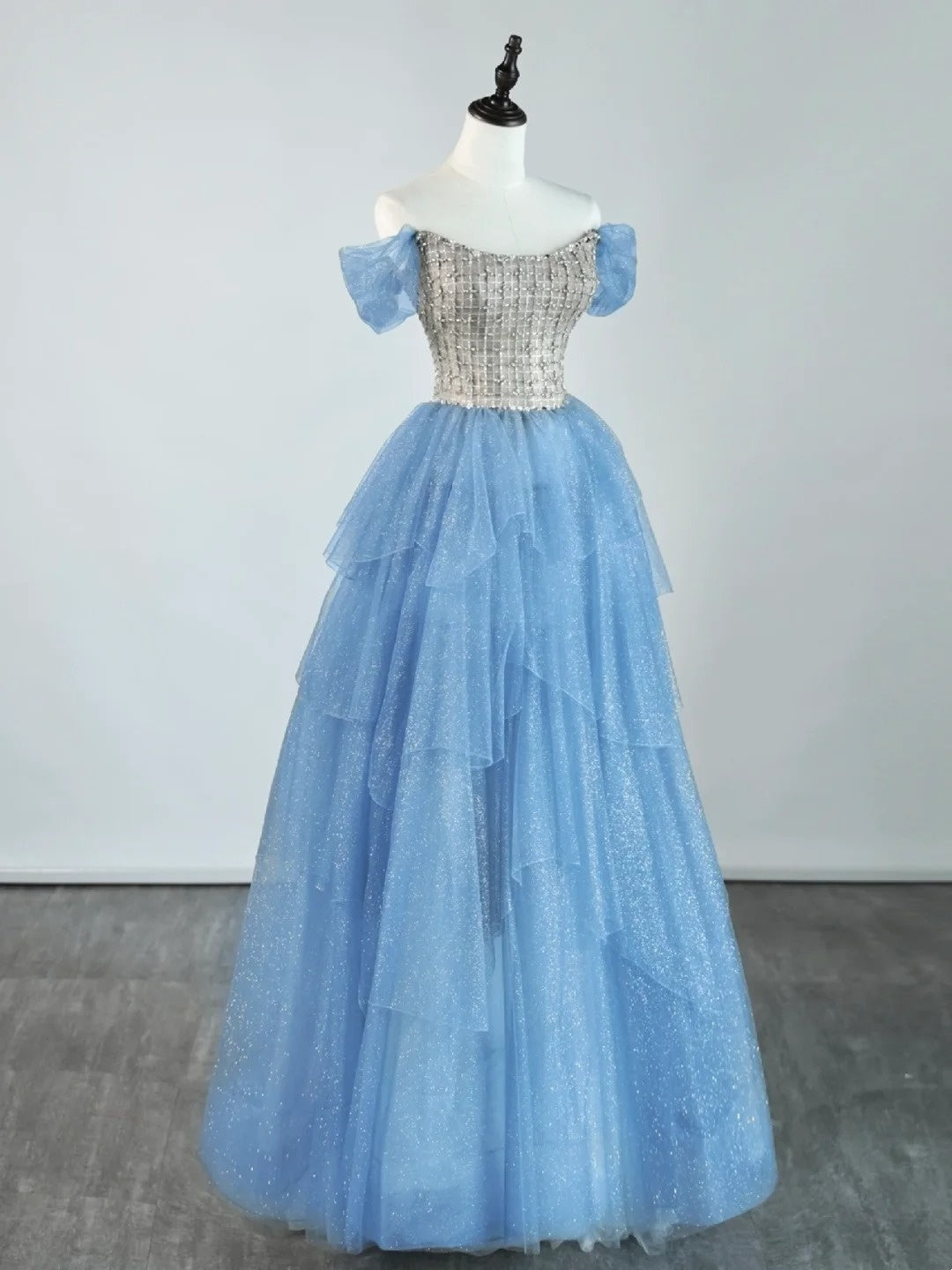 Robe de bal princesse à épaules dénudées en tulle bleu, tenue de soirée pour le lycée, robe de fin d'année pour adolescentes N1347