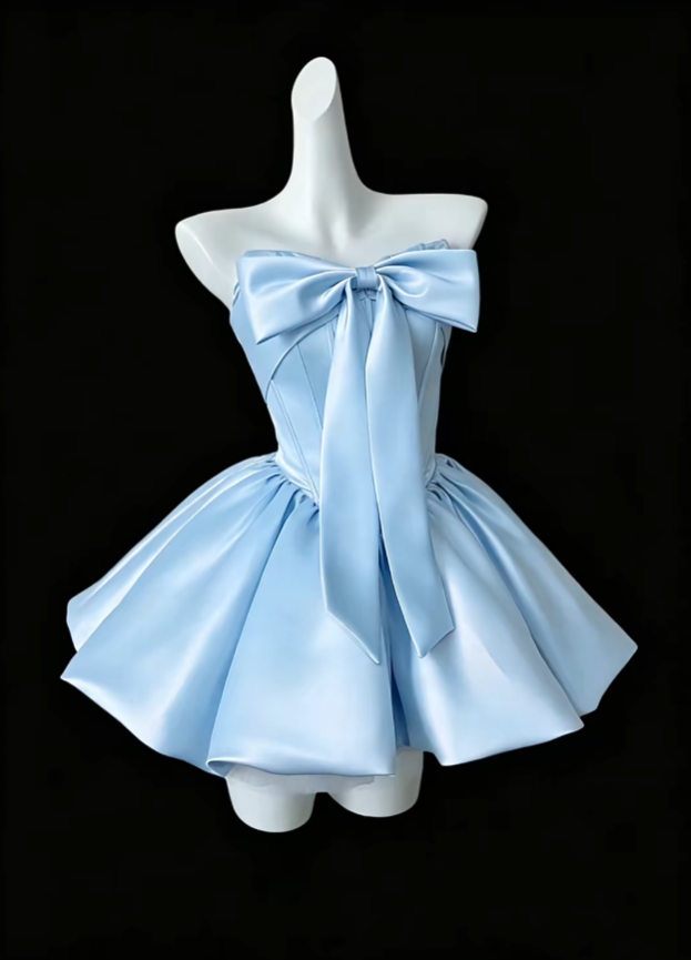 Charming Ball Gown Strapless Satin Blue Mini University Ideas Homecoming Dress Inspo Short Birthday Dresses Senior Graduation Outfits RB7162