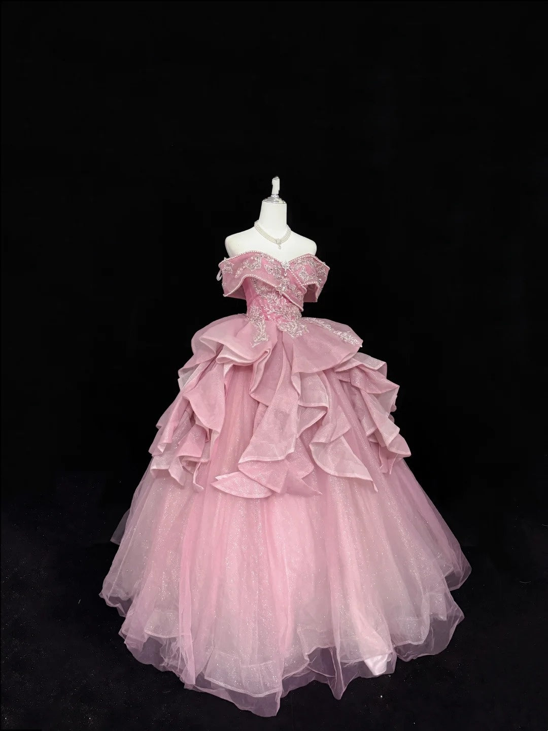 Tulle Prom Dress Long Floor Length Ball Gown Off Shoulder Pink With Sleeves Lace Formal Evening Gown For Women RC0267