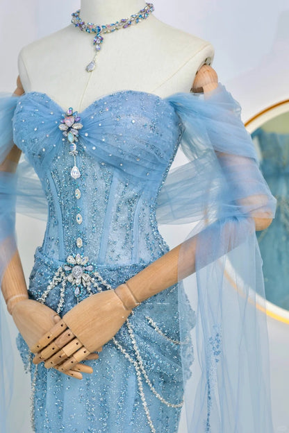 Robe de soirée longue sirène scintillante bleu à paillettes avec épaules dénudées, tenue d'anniversaire, robe de bal de promo N2842