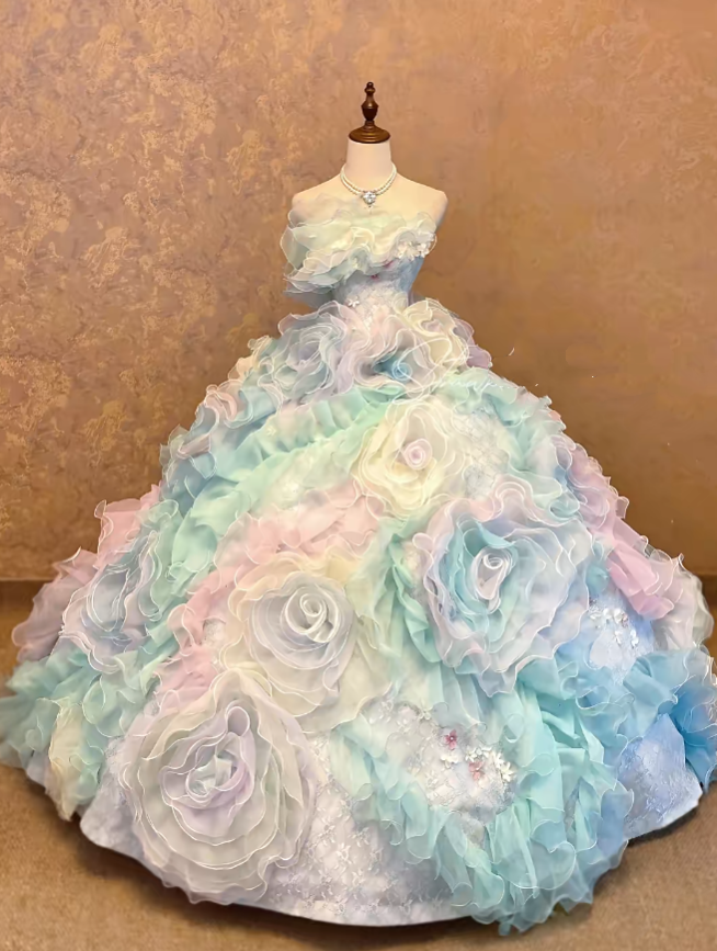 Blue Pink Ombre 3D Floral Tiered Ruffled Tulle Ball Gown Quinceanera Dress, Sweet 15 Birthday Formal Dress RC0031