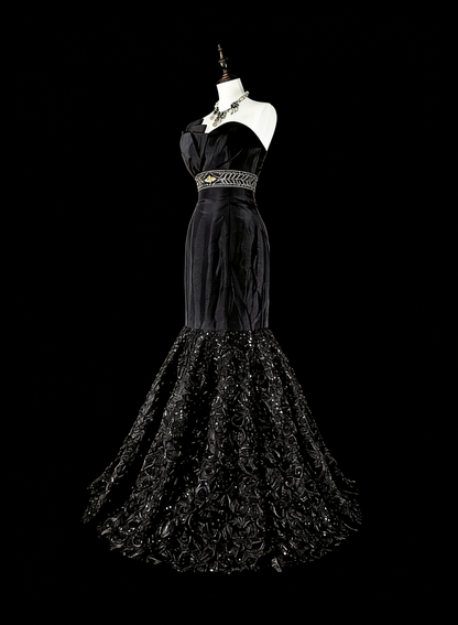 Vintage Prom Dresses Aesthetic 1970s Retro Mermaid Black Satin Long Formal Dress N2151