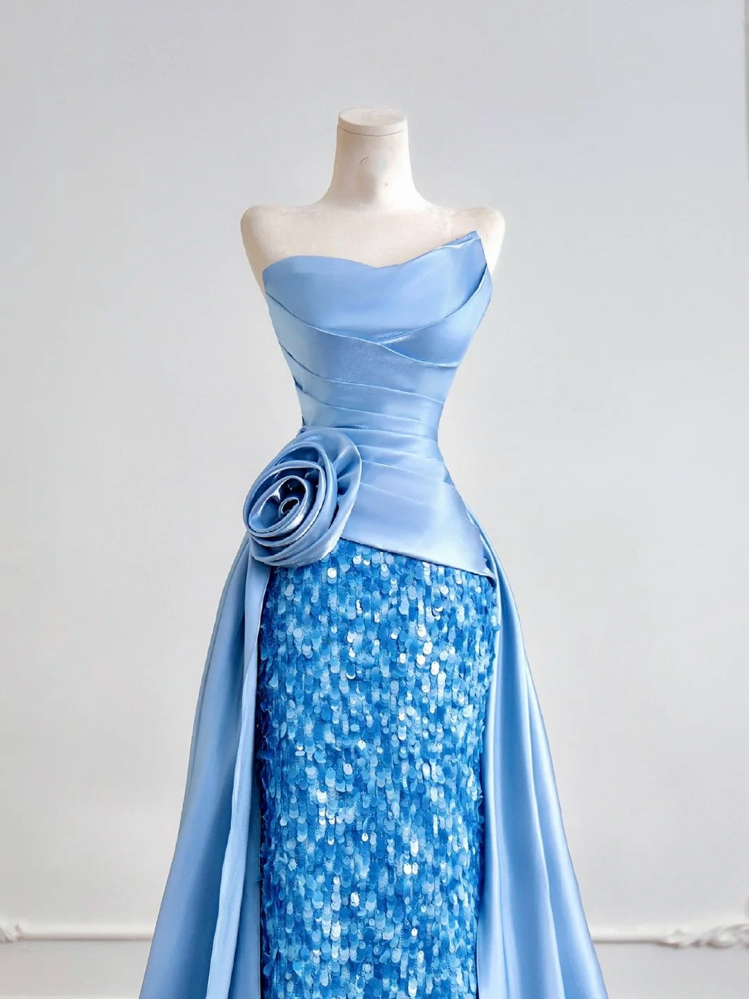 Robe de bal sirène bustier en satin bleu à sequins, longue, pour soirée formelle ou anniversaire, N381
