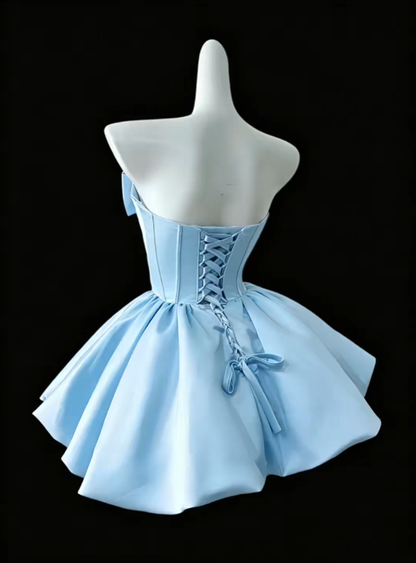 Charming Ball Gown Strapless Satin Blue Mini University Ideas Homecoming Dress Inspo Short Birthday Dresses Senior Graduation Outfits RB7162