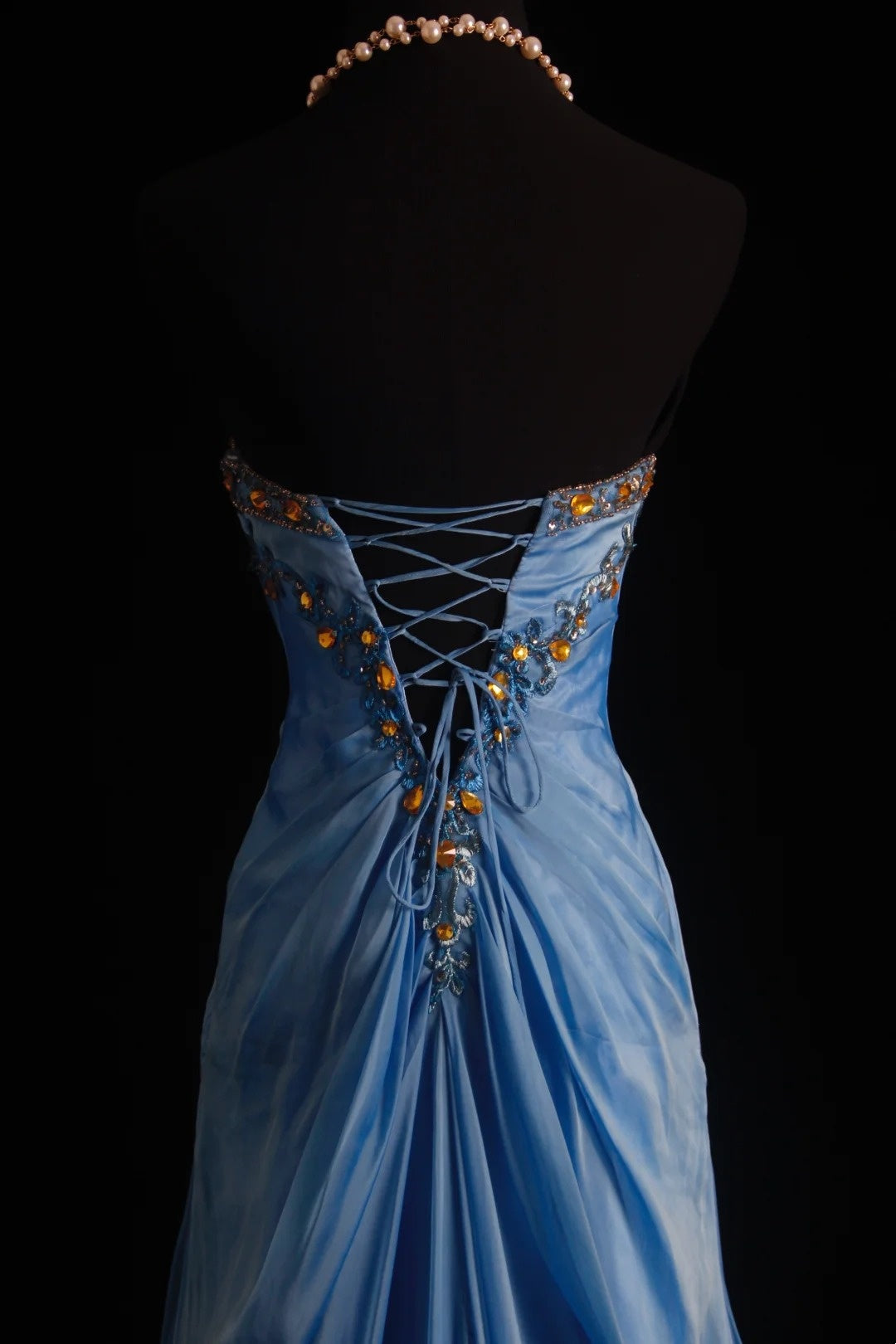 Robes de bal vintage sirène bustier en mousseline bleue années 80 avec perles dorées à volants, longues tenues de soirée formelles N4215