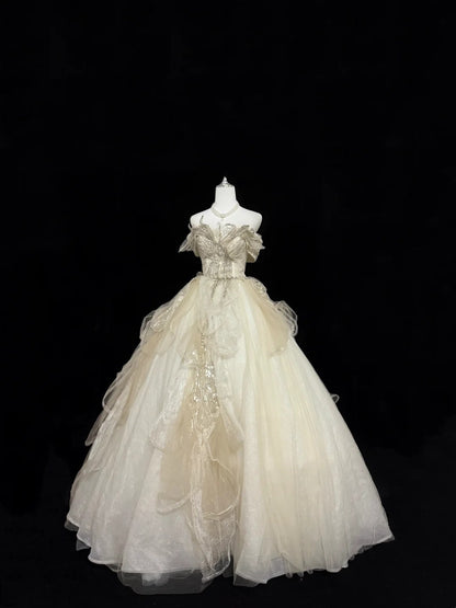Sweet 15 Quinceanera Dress Ball Gown Off Shoulder Gold With Lace Appliques Tulle 15th Birthday Gown RC0263