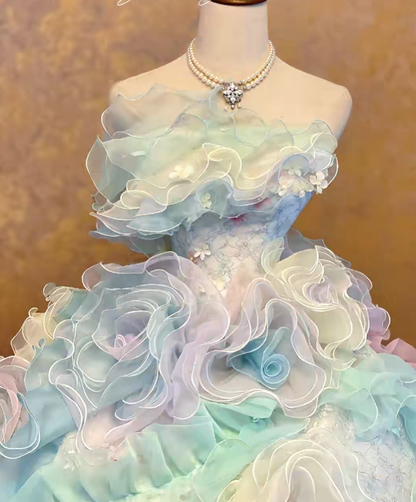 Blue Pink Ombre 3D Floral Tiered Ruffled Tulle Ball Gown Quinceanera Dress, Sweet 15 Birthday Formal Dress RC0031