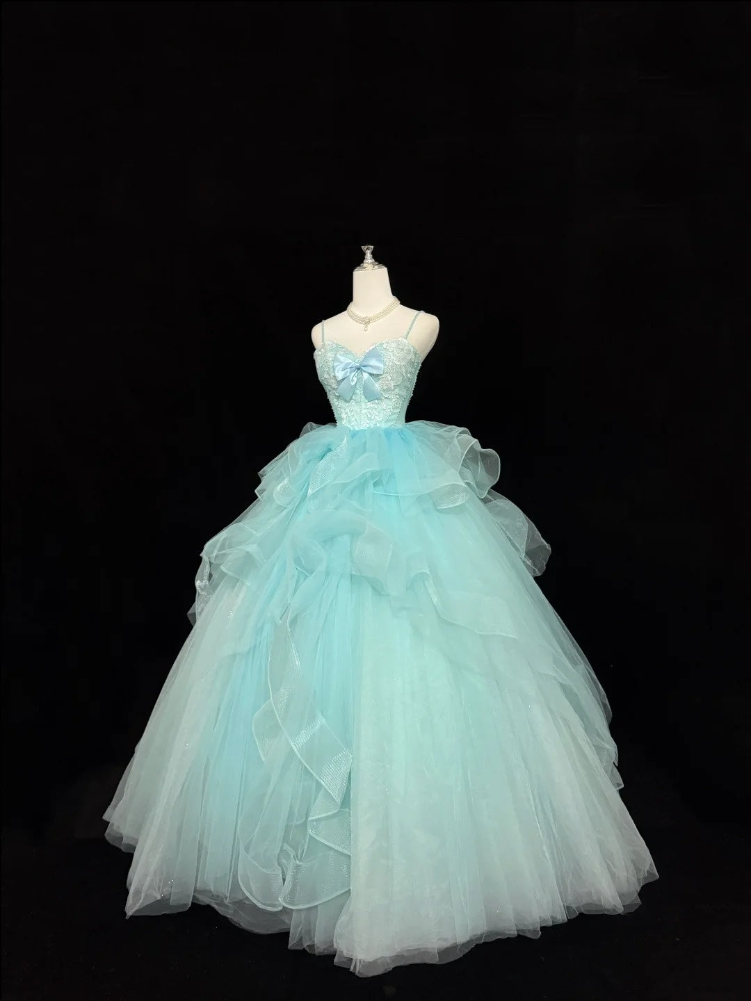 Sweet 15 Quinceanera Dress Ball Gown Spaghetti Straps Blue With Bow-knot Tulle 15th Birthday Gown RC0247
