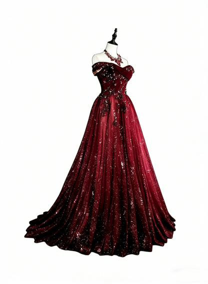 Robe de bal longue bordeaux à épaules dénudées, coupe trapèze et paillettes, ornée d'appliqués, référence N1777